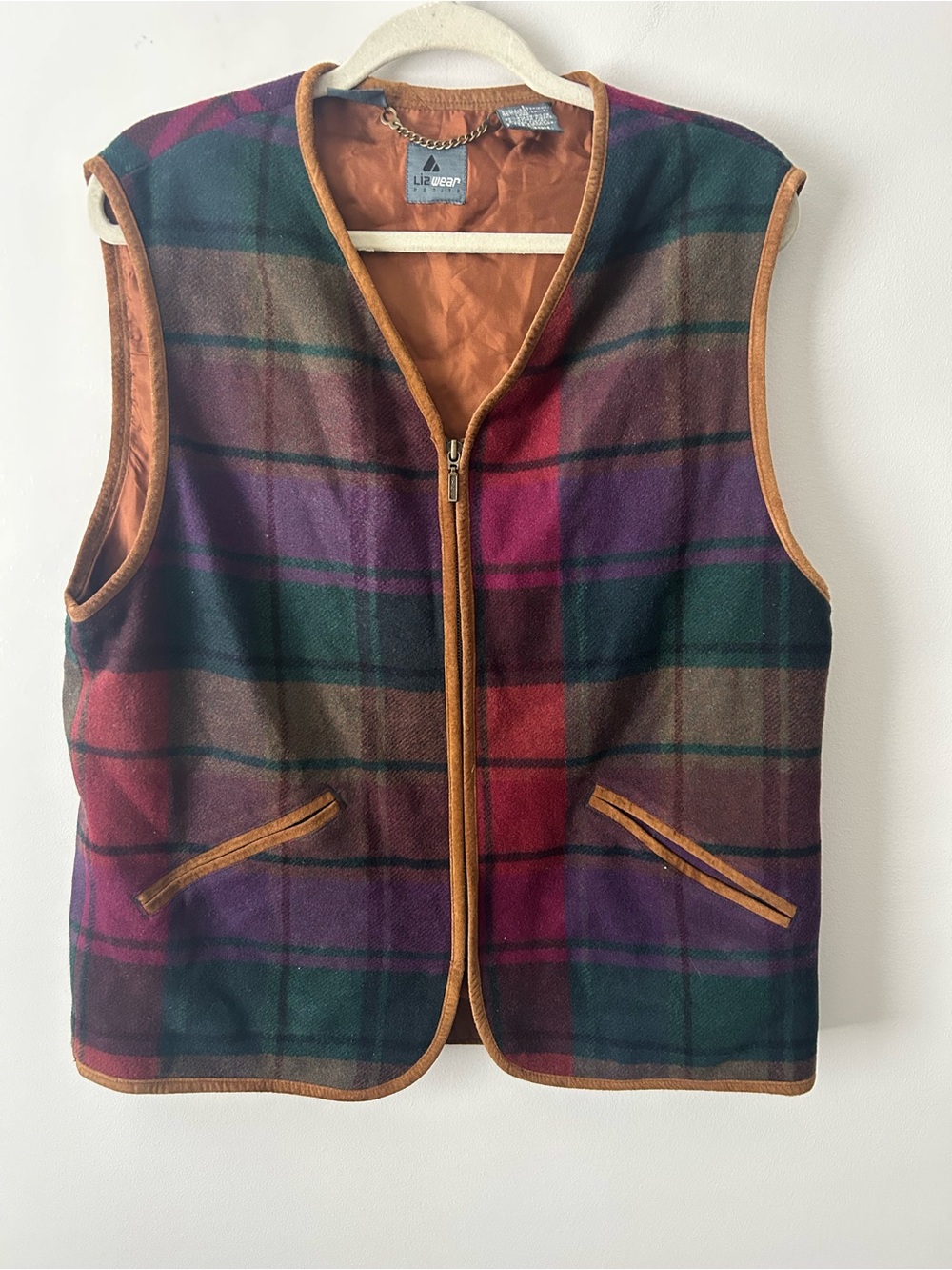 Vintage Liz Claiborne Plaid Zip Front Vest wool - Multi-Color L